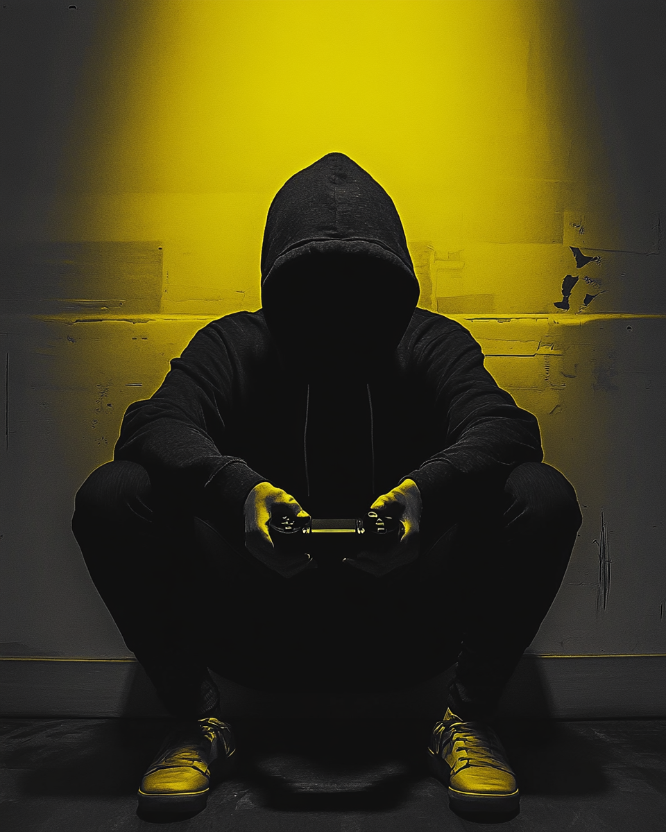 Jugendlicher mit Hoodie und Controller, im gelben Licht